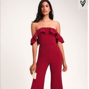 Lulus Wine Red Lace-Up Off-the-Shoulder Jumpsuit